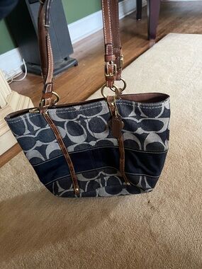 Coach Navy and Brown Signature Canvas Shoulder Tote